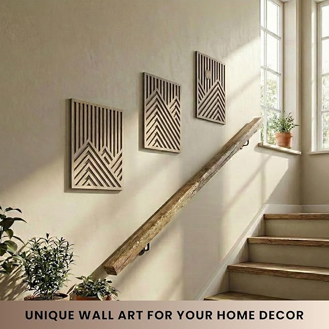 qmmp Modern Wooden Wall Sculptures - Set of 3 - Home Decor Accent - Large Wall Art for Living Room, Bedroom, Office - Easy Installation (Oak, Large - Mountain and Sun)