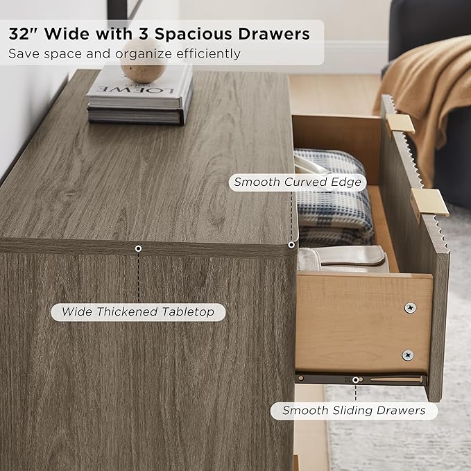 T4TREAM Fluted 3 Drawers Nightstand, Oversized Extra Large Modern Side Table, End Table Bedside for Bedroom, Living Room, Curved Profile Design, Grey Alder