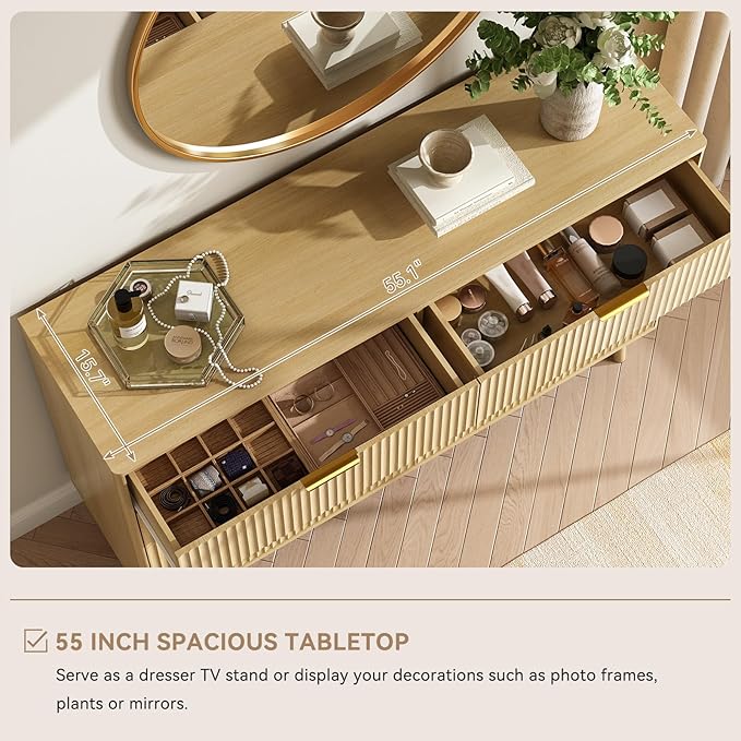 CARPETNAL Fluted 8 Drawer Dresser for Bedroom, 55" Wide Wooden Chest of Drawers with Rounded Corners, Gold Handles, Modern Storage Organizer for Bedroom, Hallway(Oak)