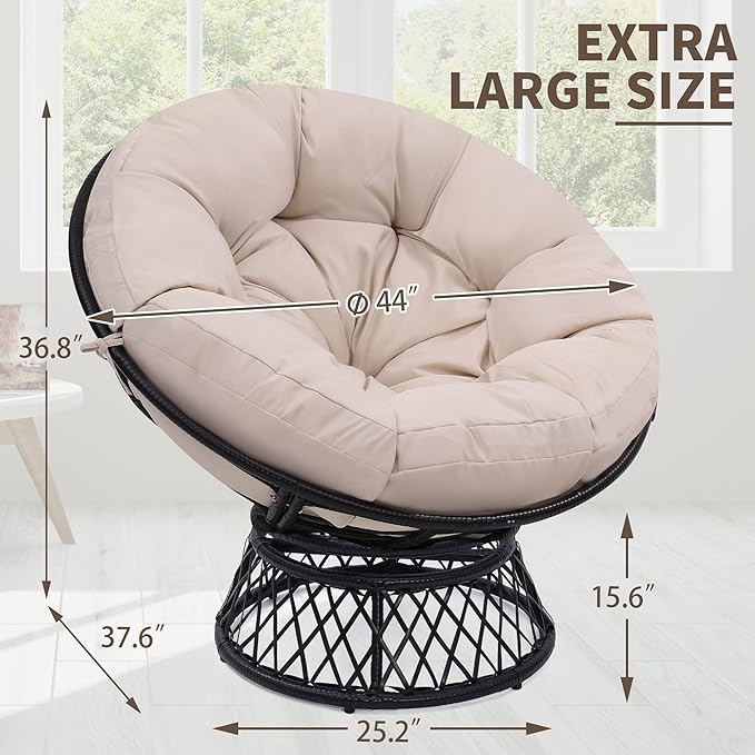 46" Giant Oversized Ergonomic Rattan Papasan Chair with Soft Thick Cushion for Adults, Fluid 360° Swivel, Waterproof, Black Frame with Beige Cushion