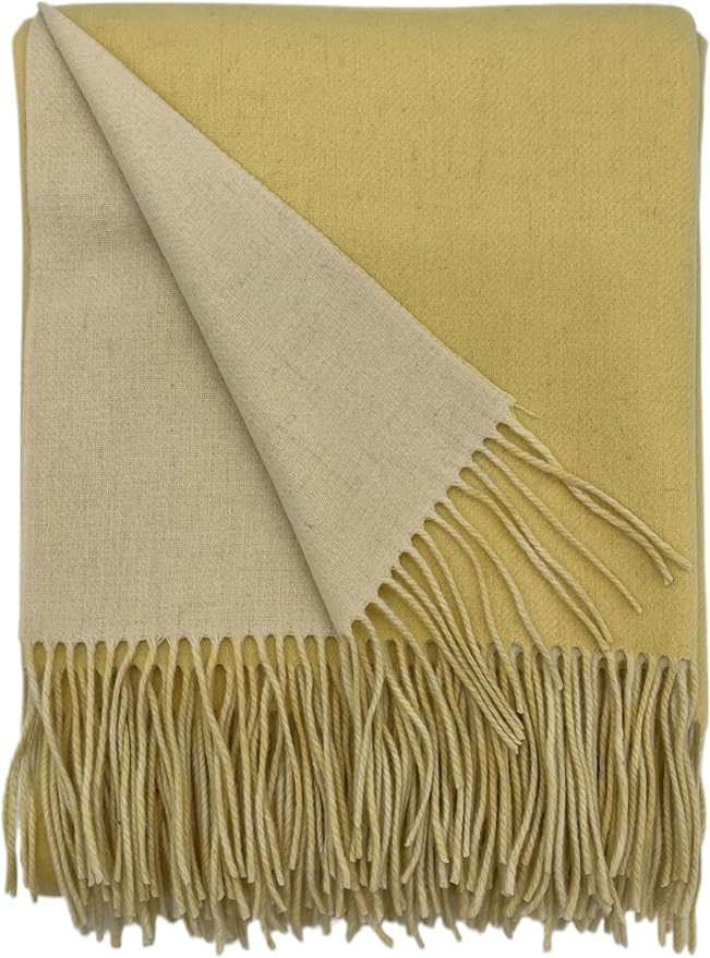 Alashan Cashmere Blend Double Faced Throw-Super Soft and Luxe Fabric- Perfect for Cozy Nights! 95% Merino Wool/5% Cashmere, 50" x 70", Great Gift Item. (Lemon Sun & White)