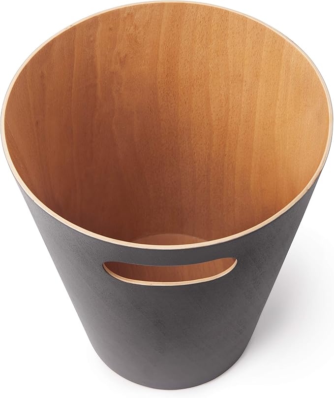 Umbra Woodrow 2-Gallon Modern Wooden Trash Can Wastebasket, Attractive Bin for Garbage or Recycling, Suitable for Home or Office, Dark Grey/Natural
