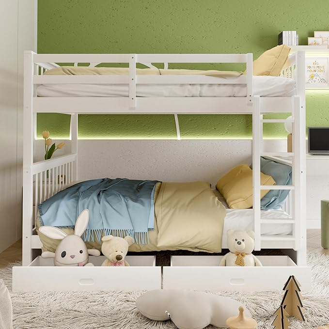 Merax Wood Bunk Bed with Drawers,Convertible Bunk Bed with Ladders and Two Storage Drawers,Solid Wood Detachable Bed Frame with Ladders,Full Over Full,White