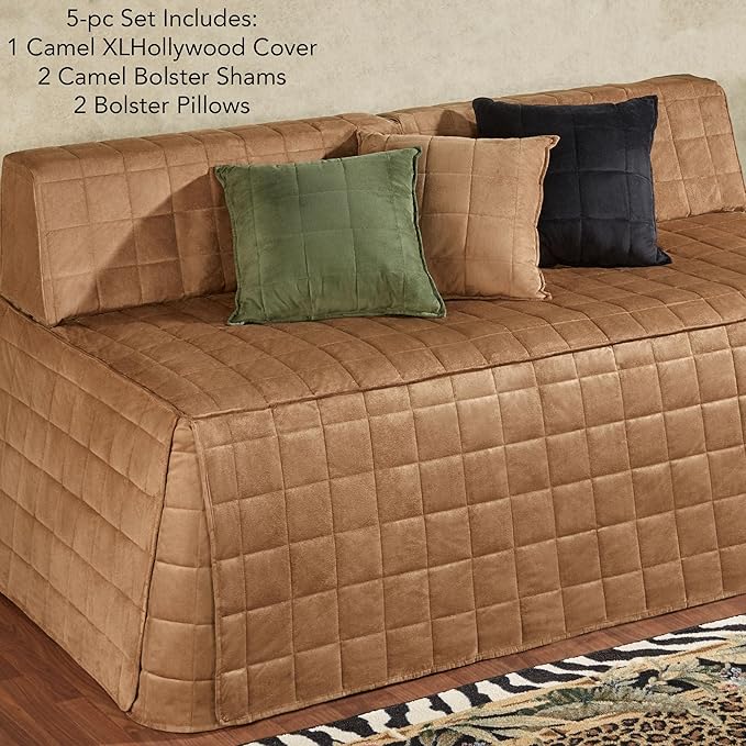 Camden Luxury Bedding | Neutral Camel Color | Fitted Extra Long Hollywood Daybed | Faux Suede Box Quilted Design | 5 Piece Set Includes Extra Long Hollywood Cover, 2 Bolster Shams, & 2 Bolster Pillows