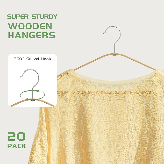 Bamboo Hangers 20 Pack - Durable & Slim Coat Hanger - Suit Hangers with 360-Degree Rotatable Hook, Suit Hangers for Clothes, Jacket, Shirt, Tank Top, Pant (Natural-1, 20)