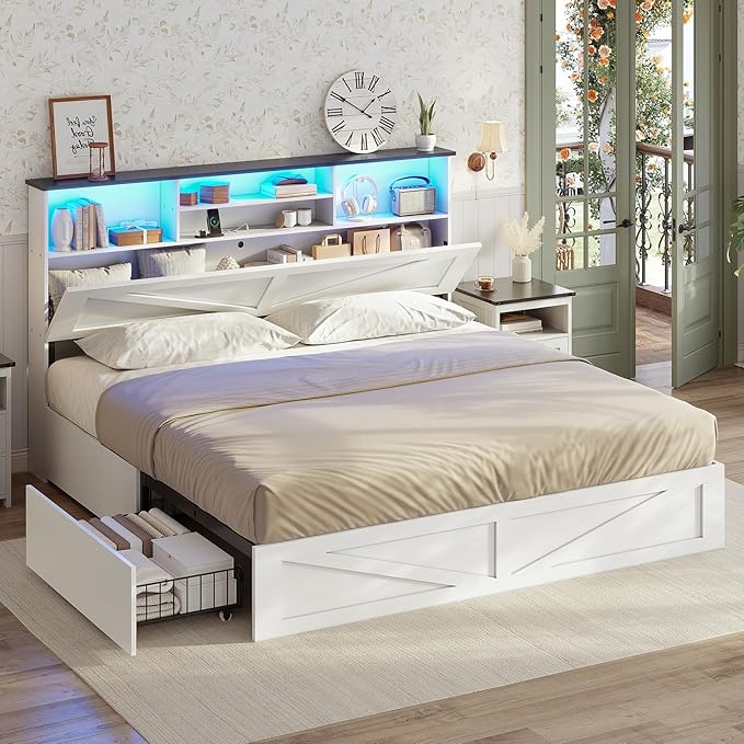 AOGLLATI Farmhouse King Bed Frame Bed Frame with 4 Storage Drawers and Led Lights, Wooden King Bed with Hidden Space Bookcase Headboard and Led Lights, White