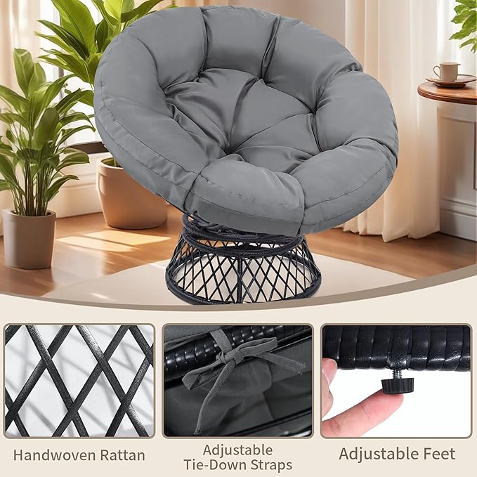 46" Giant Oversized Rattan Papasan Chair with Cushion and Frame for Adults, Fluid 360° Swivel, Waterproof, Black Frame with Dark Grey Cushion