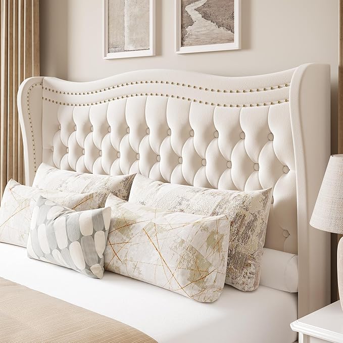 Upholstered King Size Bed Frame with Tall Headboard, Velvet Wingback Platform Bed Frame with Deep Button Tufted, No Box Spring Needed, Noise Free, Beige