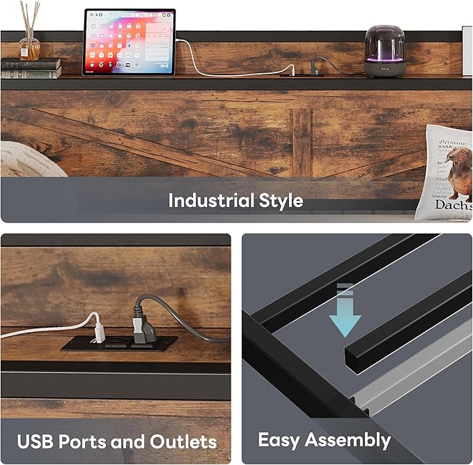 LIKIMIO Twin Daybed with Trundle Bed, Storage Headboard with Charging Station, Sofa Day Bed with Strong Supports for Living Room, Bedroom, and Guest Room, Industrial Brown