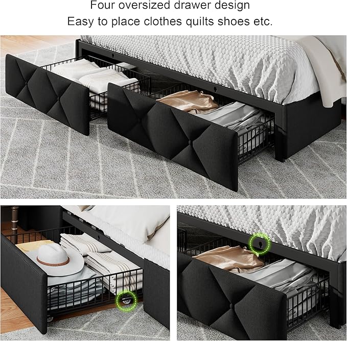 Feonase King Size Bed Frame with 4 Storage Drawers, Upholstered Platform Bed with Charging Station, Wingback Storage Headboard, Wooden Slats Support, No Box Spring Needed, Easy-Assembly, Black