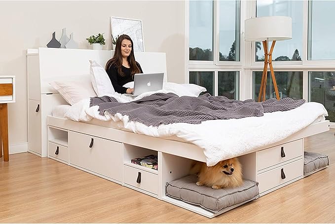 memomad Bali Set: Storage Platform Bed with Drawers + Bookcase Headboard (Full Size, White Wood)