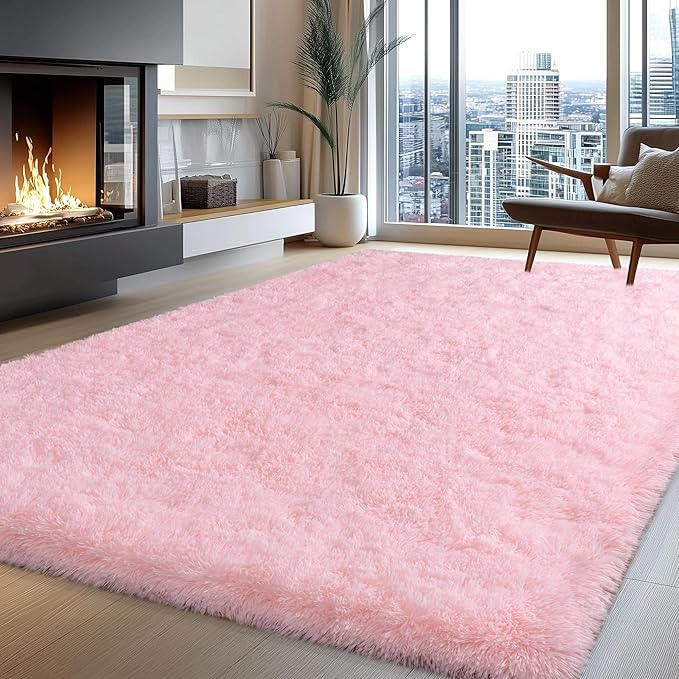Fluffy Pink Rug for Bedroom Girls, 5x7 Soft Fuzzy Plush Shag Area Rug for Living Room, Cute Comfy Throw Rug for Kids, Non-Slip Indoor Shaggy Floor Carpet for Nursery Teen Dorms Home Decor Aesthetic