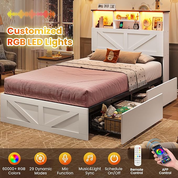 VIAGDO Farmhouse Bed Frame Twin Size with Bookcase Storage Headboard, Charging Station and LED Lights, Wooden Twin Bed Frames with 4 Drawers, Barn Door Design, No Box Spring Needed, No Noise, White