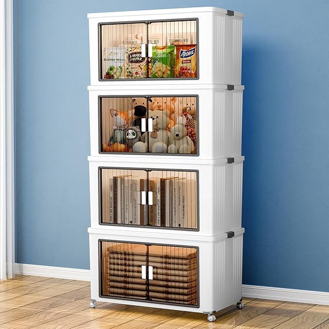 4 Tier 432 Qt Storage Bins with Lids - Stackable Storage Bins, Large Plastic Storage Boxes for Toy, Closet, Open Front Storage Bin with Wheels Suitable for Garage, Bedroom, Living Room, Camping