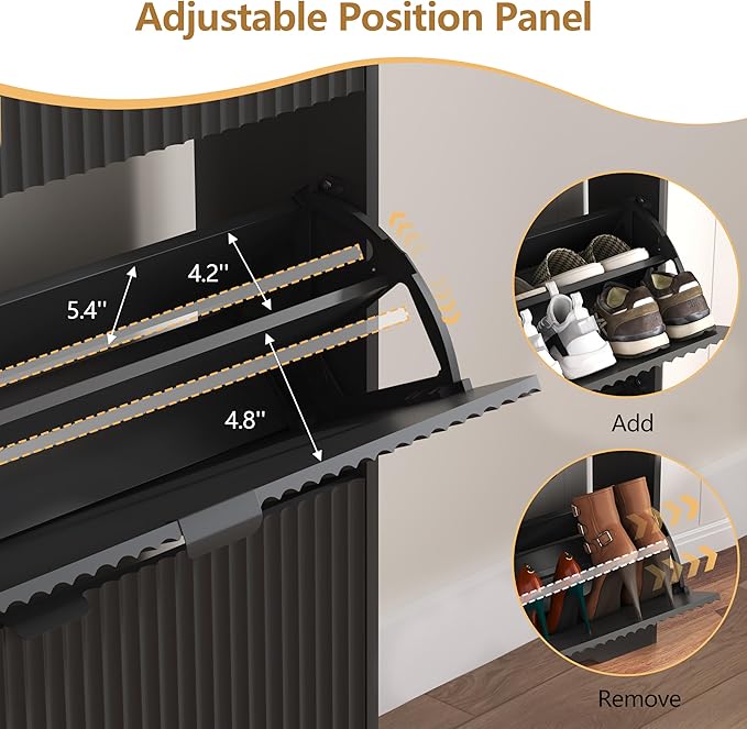 Shoe Cabinet Storage for Entryway with 3 Flip Drawers, Black Fluted Shoe Cabinet with Adjustable Shelves, Wooden Hidden Shoe Rack Freestanding Narrow Slim Shoes Storage for Hallway, Entrance