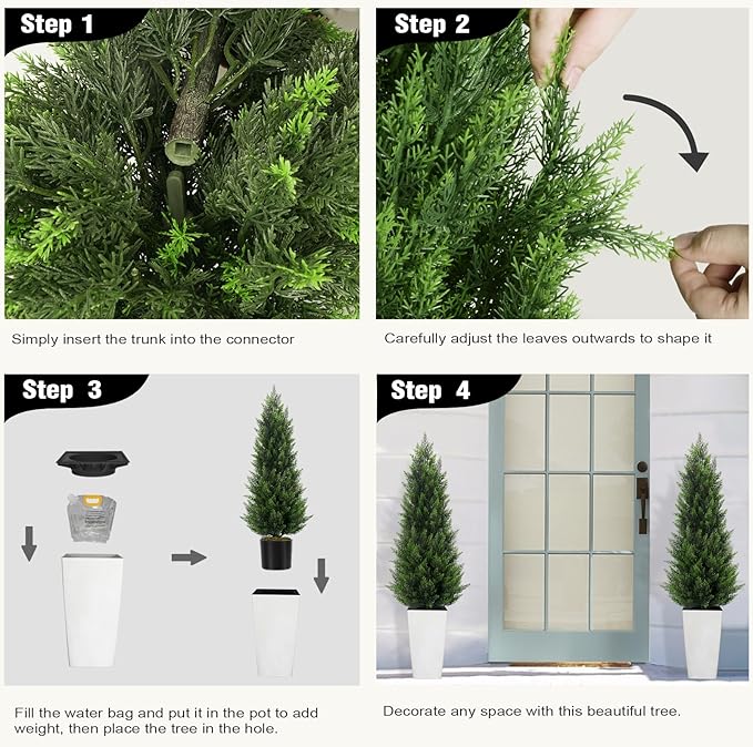5FT Tall 2 Set Artificial Topiary Cedar Tree, Indoor Realistic Faux Cypress Plants with Square Flowerpot, Outdoor Evergreen Fake Shrubs for Home Living Room Front Porch Decor