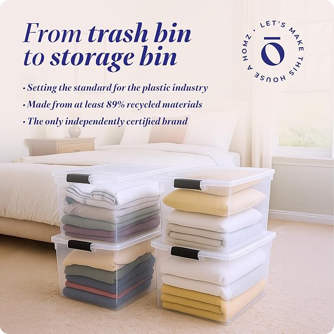 HOMZ 4-Pack Secure Latch, Clear Plastic Storage Organizer Bins, 112 Quart, Gray Latches - Stackable Container Boxes for Bedroom, Bathroom, Garage, and Office Organization