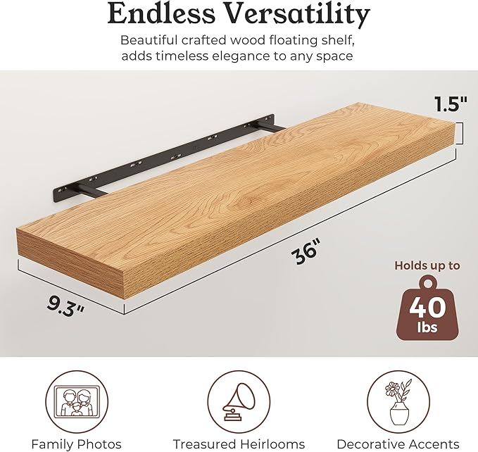 Floating Shelves for Wall, 9.3" Deep Wall Mounted Wood Shelves for Bathroom, Bedroom, Living Room, Kitchen, Hanging Shelf for Books/Storage/Room Decor (Oak, 36")