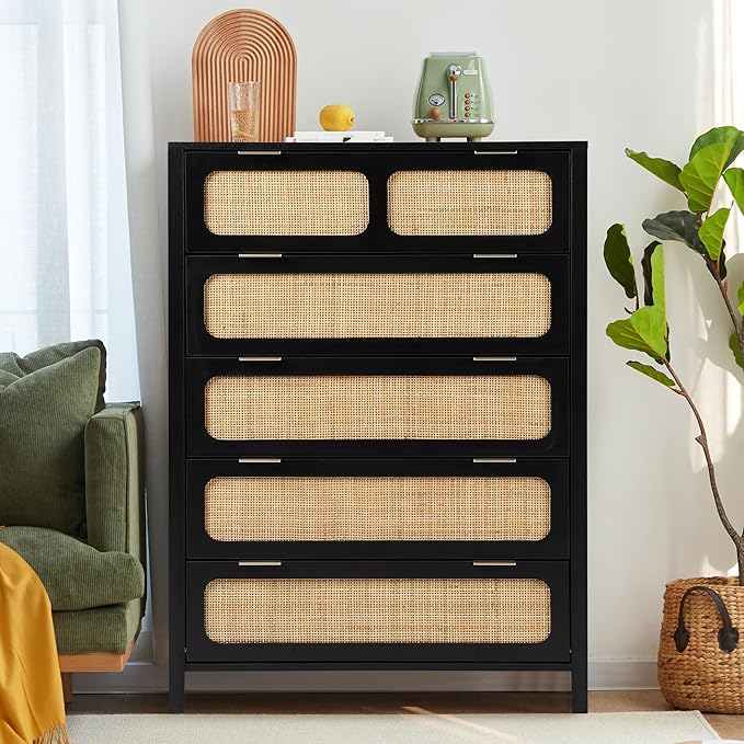 LEVNARY 5 Drawer Chest Dresser, Rattan Tall Dresser 5 Chest of Drawers Dressers for Bedroom, Wooden Storage Cane Cabinet with Metal Handles for Living Room Hallway (Black)