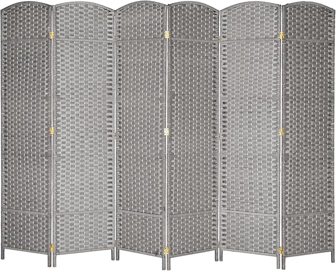VINGLI 6-Panels Tall Rattan Room Divider, 6 FT Folding Privacy Screen, Indoor Partition Wall Dividers, Freestanding Hinged Space Separator (Grey)