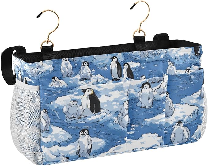 Bedside Caddy Hanging Bunk Bed Caddy Bed Organizer Hanging Pocket with 2 Hooks Bedside Storage Organizer Pocket Bag Holder Blue Penguins Ice Floes Snow Water