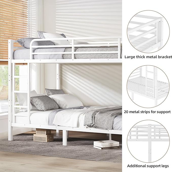 Full XL Bunk Bed Frame, Heavy Duty Metal Loft Bed for Adults/Teens, 350/500LB Capacity w/Ladder & Guardrail, Noise-Free Steel Slats, No Box Spring Required, White