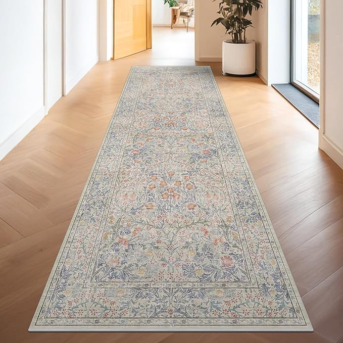 Floral 3x20 Wide Hallway Runner - Beige Blue with Purple Accent, Boho Pastel Decor, Washable Low Pile Non Slip Stain Resistant Rug for Long Kitchen, Hall Way