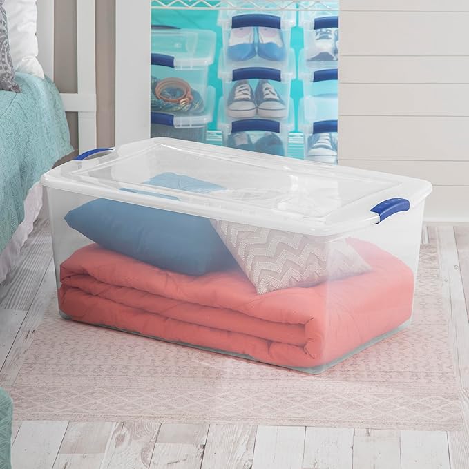 2-Pack 105 Quart Heavy Duty Plastic Storage Bins - Stackable Clear Containers with Lids & Blue Latches, Extra-Large Capacity for Bedding, Clothing, Holiday Decor, Garage & Closet Organization