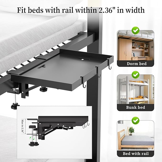 Foldable Bedside Shelf, Metal Clip-On Bed Tray Table for Bunk Bed & Dorm Beds, Dorm Room Essentials Organizer for College Students, Floating Tray, Space Saving Nightstand for Loft Beds (Black, Large)