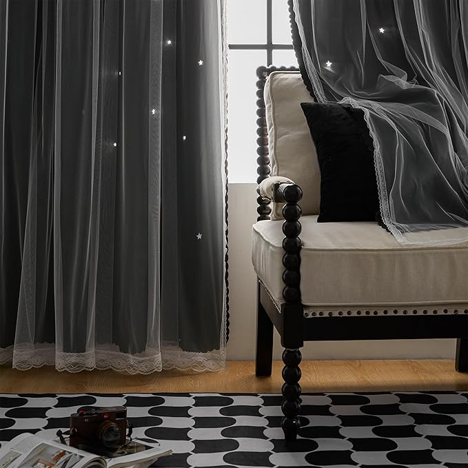 XiDi Black 63x34in Curtain for Bedroom, Girls Room Decor, Living Room, 1 Panel, Blackout Curtains with Laser Cutout Stars, Grommet Top, Washable