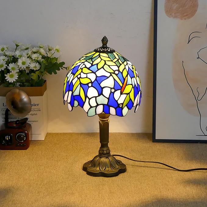 Tiffany Table Lamp Mini Nightstand Lamps Stained Glass Bedside Lamp Wisteria Night Lamp Reading Desk Light for Office Bar Bedroom Living Room,7.87 inch