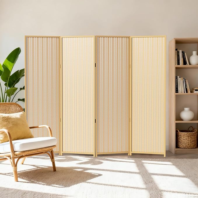 4 Panel Room Divider and Extra Wide Folding Privacy Screen, 63" W x 67" H, Bamboo Room Divider for Room Separation