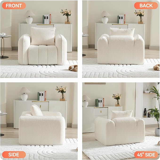 Oversized Boneless Corduroy Accent Chair, Comfy Deep Seat Armchair for Bedroom, Modern Upholstered Living Room Sofa Chair with Pillow, No Assembly, White