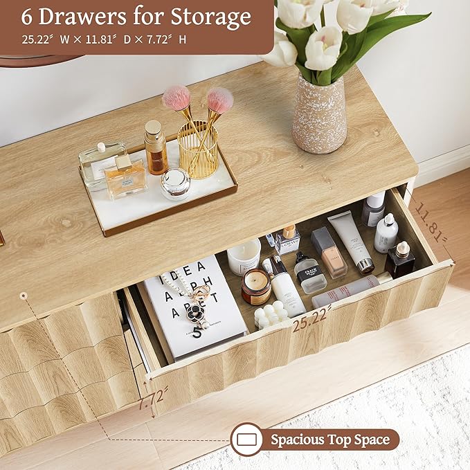 Fluted 6 Drawer Dresser, 53" Wide Modern Storage Chest of Drawers, Wood Drawer Organizer for Bedroom, Living Room, Hallway