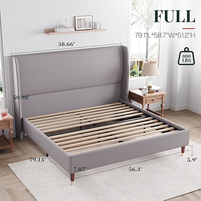 Jocisland Full Upholstered Platform Bed Frame with 51.2" Tall Wingback Headboard–Solid Wood Legs, No Box Spring Needed, Light Grey Linen–Modern Style for Any Bedroom