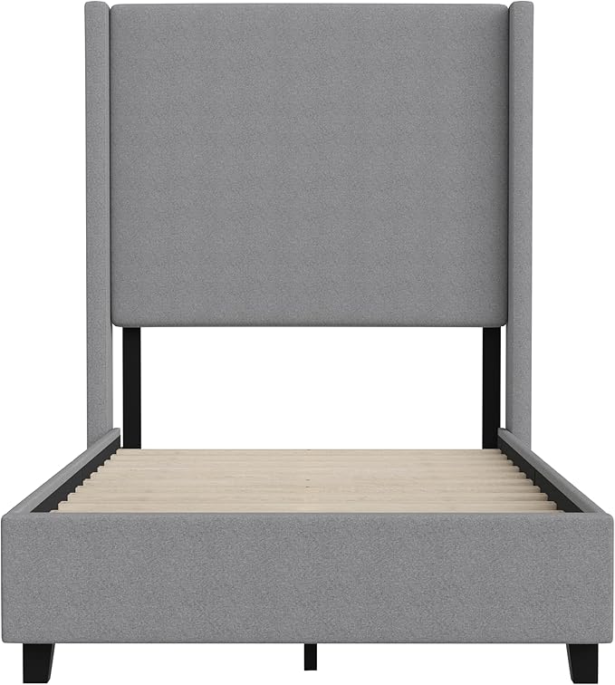 EMMA + OLIVER Nora Twin Size Faux Linen Upholstered Platform Bed with Plush Padded Wingback Headboard (No Box Spring Needed), Modern Upholstered Headboard Twin Bed Frame, Gray