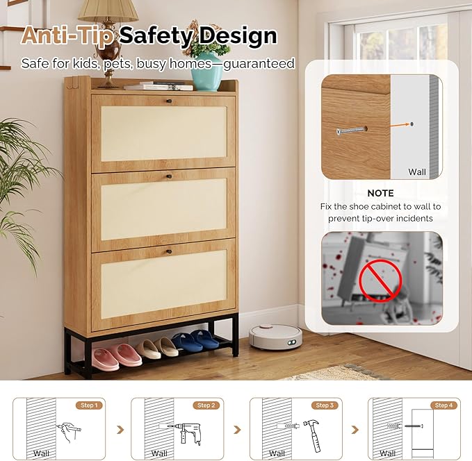 Slim Entryway Shoe Storage Cabinet with 3 Flip Drawers, Modern Freestanding Shoes Organizer Holds 16-20 Pairs, Closed Shoe Storage for Hallway, Foyer - Space-Saving Wood Shoe Cabinet