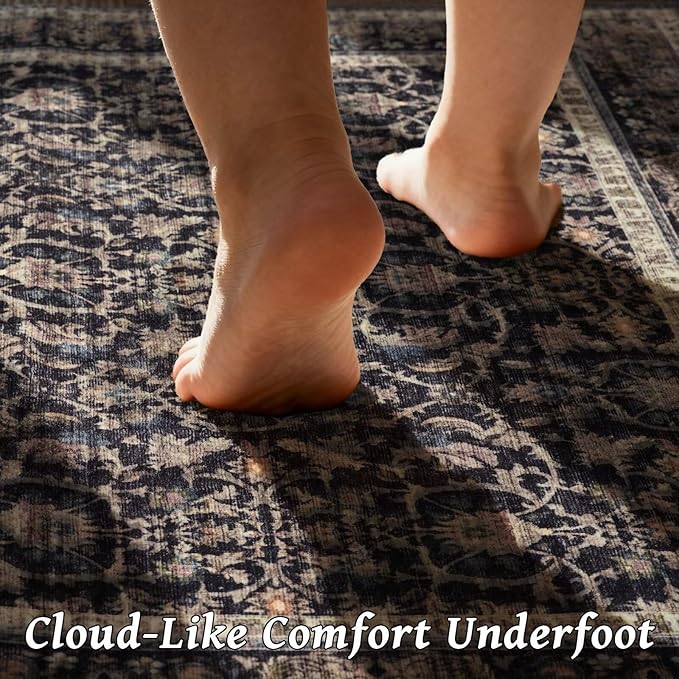 Washable 8x10 Area Rugs for Living Room, Boho Non-Slip Vintage Distress Large Rugs for Bedroom Dining Room Nursery Office, 0.3" Neutral Oriental Throw Thin Carpet, Black/Brown/Blue/Multi