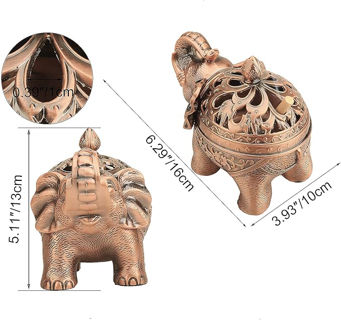 K COOL Alloy Incense Holder Stand Elephant Cone Coil Incense Burner Ash Catcher with Lid, Aromatherapy Ornament Home Decoration for Indoor Outdoor (Red Copper)