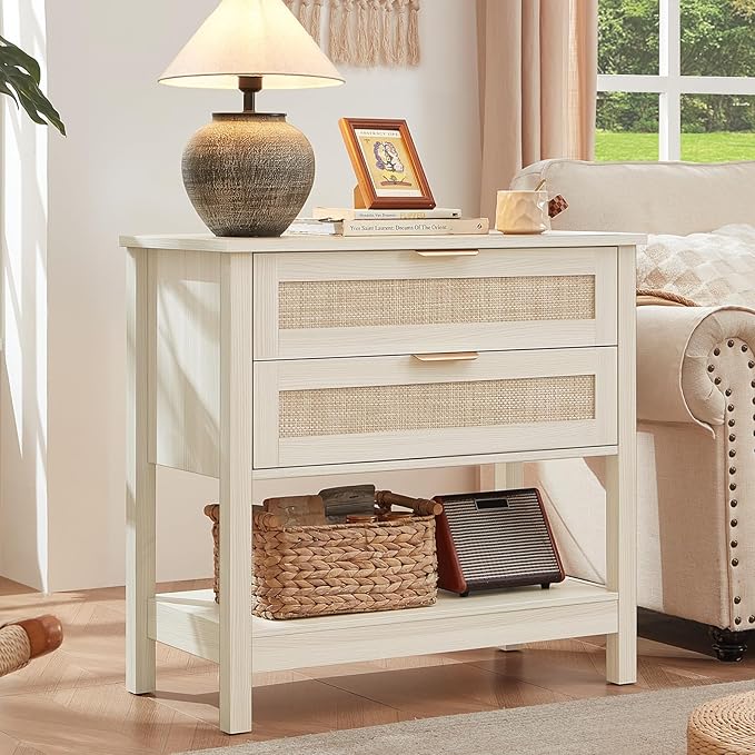 LEYAOYAO 31.5" Wide Rattan Night Stands Set 2, Oversized Large Boho Nightstand with 2 Drawer, Grey White Bed Side End Tables with Storage Shelf, Tall Bedside Table for Bedroom Living Room, Hallway