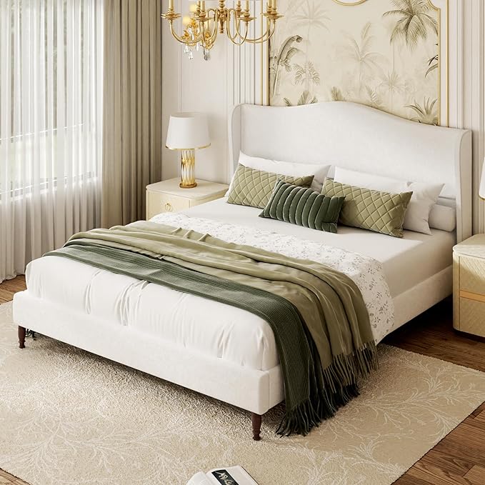 Queen Size Upholstered Platform Bed Frame, 51" Tall Chenille Fabric Headboard with Classic Curved Wingback Design, Vintage Solid Wood Legs, Easy Assembly & Noise-Free, Box Spring Option, Beige