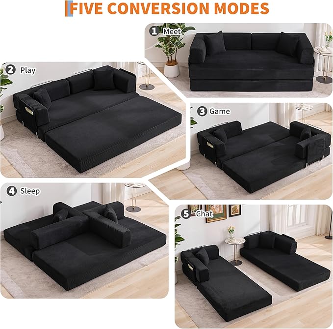 Garvee 5-in-1 Convertible Sofa Bed, 78.8" Modular Corduroy Sleeper with Sturdy Frame & No Assembly, Multi-Functional Futon for Small Space, Living Room & Guest Room (Black)