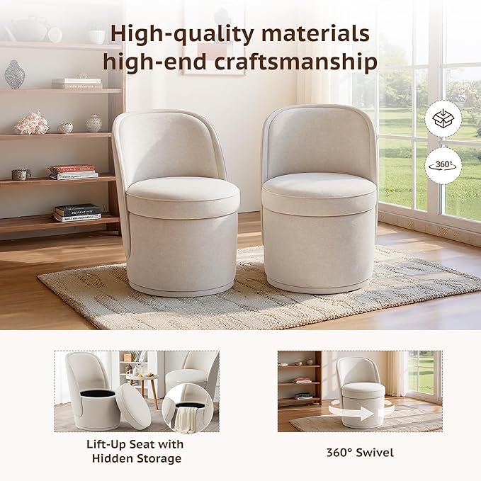 Swivel Accent Chair, 360° Swivel Chair with Hidden Storage, Vanity Chairs, Modern Small Barrel Swivel Armchair for Living Room/Bedroom, Beige