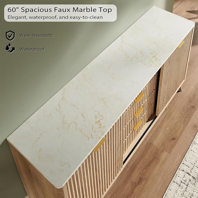 T4TREAM Fluted Buffet Cabinet, 60" Modern Sideboard with Sliding Doors & 4 Drawers, Coffee Bar Table with Storage, Faux Marble Top and Curved Profile Design for Dining Room, Living Room, Natural Oak
