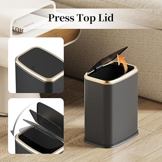 2.1 Gallon Bathroom Trash Can with Lid Press Top, 8 Liter Stainless Steel Garbage Can with Press Type Lid, Slim Trash Bin Waste Basket for Toilet, Office, Bedroom, Living Room (Black)