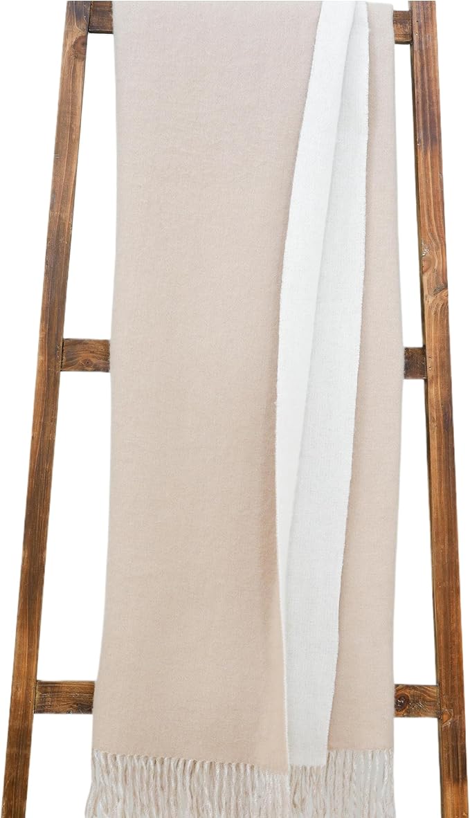 Alashan Cashmere Blend Double Faced Throw-Super Soft and Luxe Fabric- Perfect for Cozy Nights! 95% Merino Wool/5% Cashmere, 50" x 70", Great Gift Item. - White & Bisque