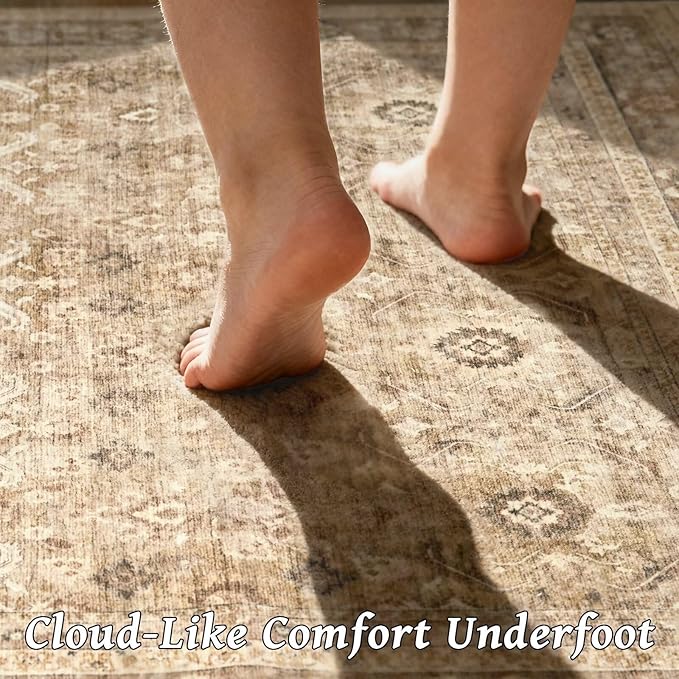 Washable 4x6 Rugs for Living Room, Boho Non-Slip Vintage Distress Small Rugs for Bedroom Nursery Office, 0.3" Neutral Oriental Throw Thin Carpet with Cushioning Pad, Brown/White/Multi