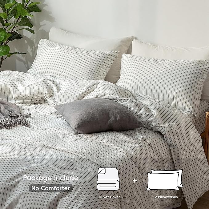 MooMee Striped Duvet Cover Set 100% Washed Cotton Linen Like Textured Breathable Durable Soft Comfy (White Dark Grey Wide Stripes, Super King 108"x98")