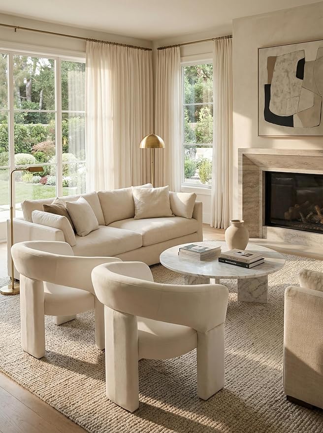 LukeAlon Mid Century Modern Velvet Accent Chairs Set of 2 – Round Barrel Back Armchairs, Comfy Upholstered Lounge Chairs for Living Room, Bedroom, Office, Waiting Rooms, Beige
