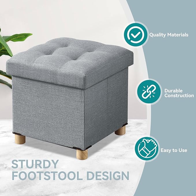 BRIAN & DANY Ottoman with Storage, Small Storage Ottoman for Dorm, Linen Folding Ottoman Foot Stool with Legs for Living Room and Bedroom, 15"x15"x15" - Light Gray